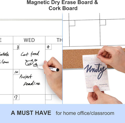 ARCOBIS Dry Erase Calendar with Cork Board for Wall, 24"x 18" Magnetic Calendar Whiteboard with Black Frame, Monthly Combination Board for School, Home, Office