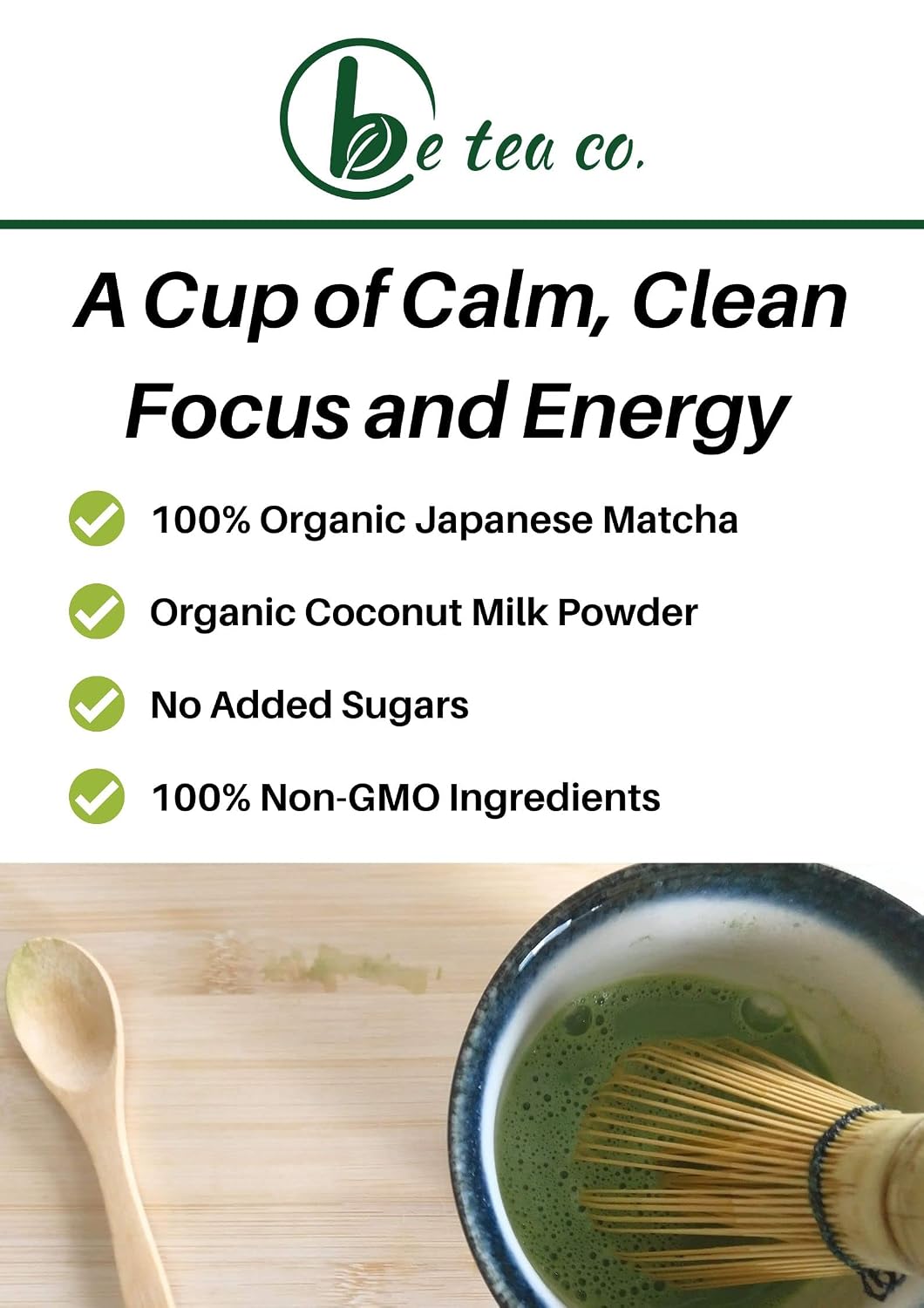 Be Tea Co. Coconut Matcha Latte | Organic Dairy-Free Latte Mix | Japanese Ceremonial Grade | Antioxidant-Rich | Vegan Drink | No Added Sugars | 24 Servings