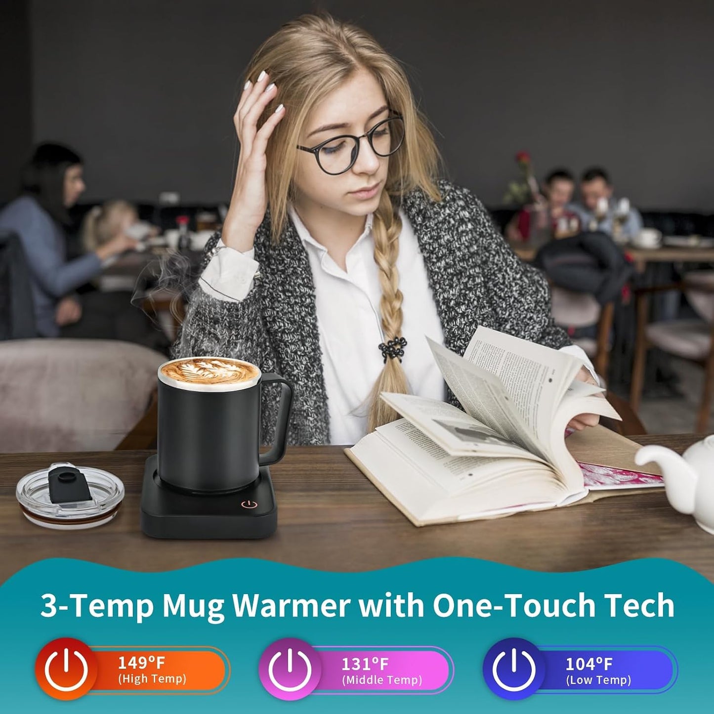 VOBAGA Coffee Mug Warmer for Desk with Auto Shut Off & 3-Temp Settings, Coffee Cup Warmer with Smart Safety Alert Home Office Accessory, Perfect for Coffee, Tea, Milk (Mug for Display)