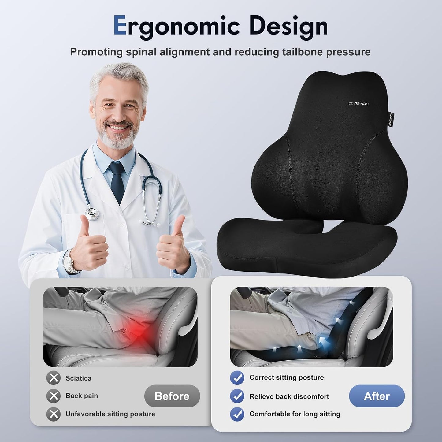 Coverado Car Lumbar Support Pillow and Car Neck Pillow Kit, Ergonomic Design Car Headrest Pillow for Driving, Relax Back Head Muscles Relieve Driving Fatigue, Breathable & Removable Cover, Gray