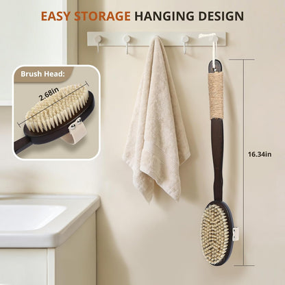 Back Scrubber for Shower, 15.7" Loofah with Handle, Back Shower Brush with Bristles and Loofah, Dry Brushing Body Brush for Cleanse Back and Hard to Reach Areas with Curved Long Handle