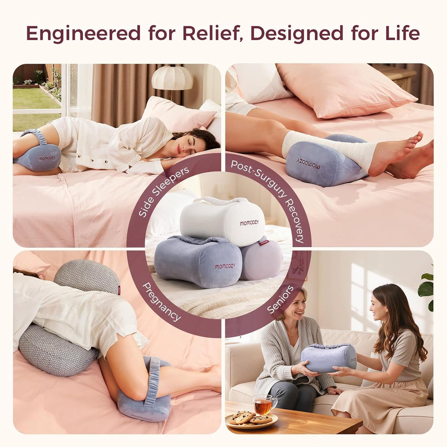 Momcozy Knee Pillow for Side Sleepers, Soft Memory Foam & Pinch-Free Design, Relieve Knee, Leg and Sciatica Pain, Adjustable Elastic Strap Ideal for Pregnant Women and Seniors, White