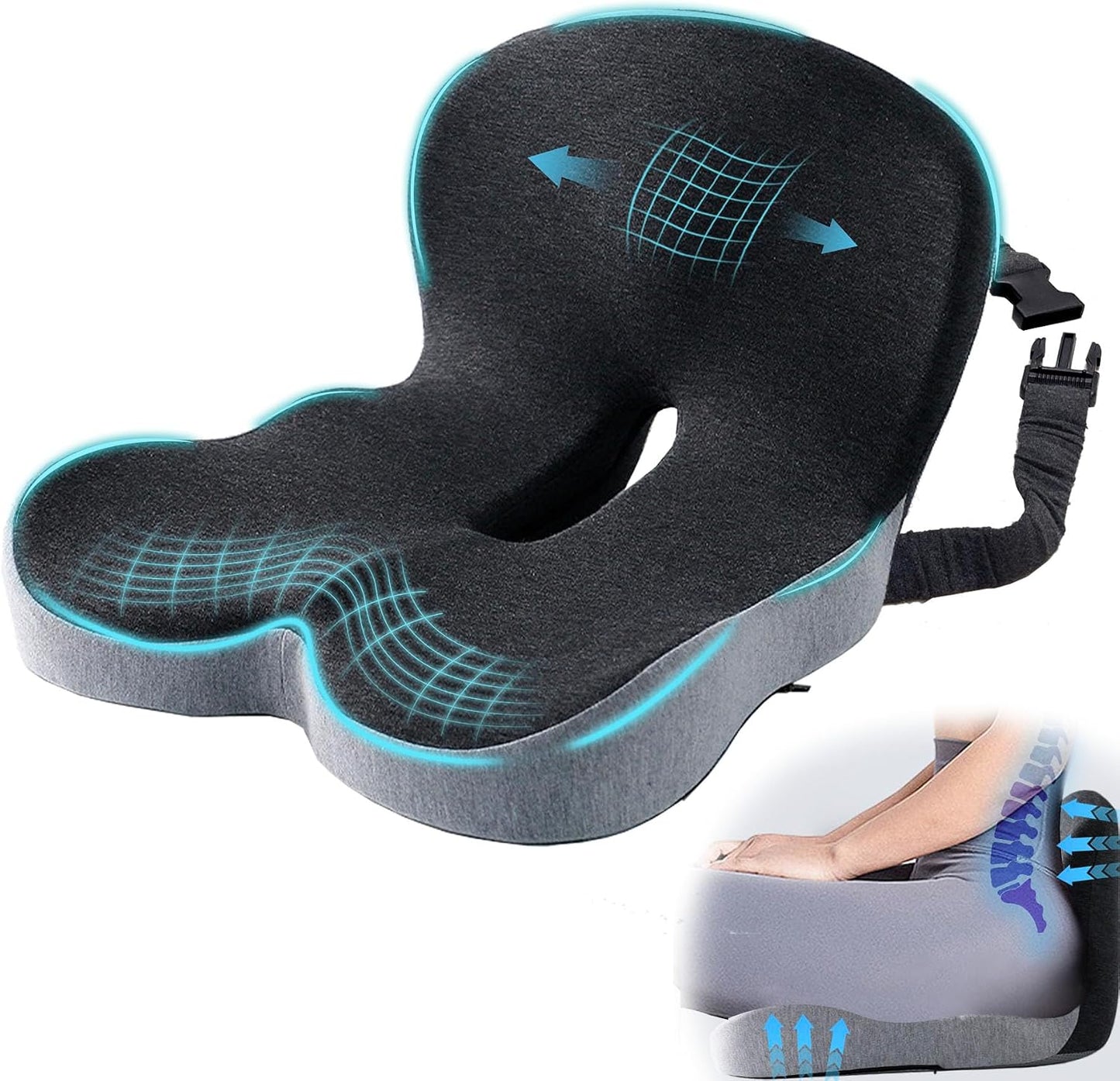 Car Seat Cushion, Memory Foam Driving Cushion with Adjustable Strap, Ergonomic Pad for Car & Semi Truck, Office Chair Cushion for Sciatica & Lower Back Pain Relief, Dark Gray