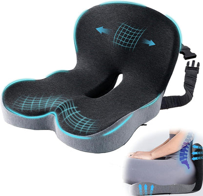 Car Seat Cushion, Memory Foam Driving Cushion with Adjustable Strap, Ergonomic Pad for Car & Semi Truck, Office Chair Cushion for Sciatica & Lower Back Pain Relief, Dark Gray