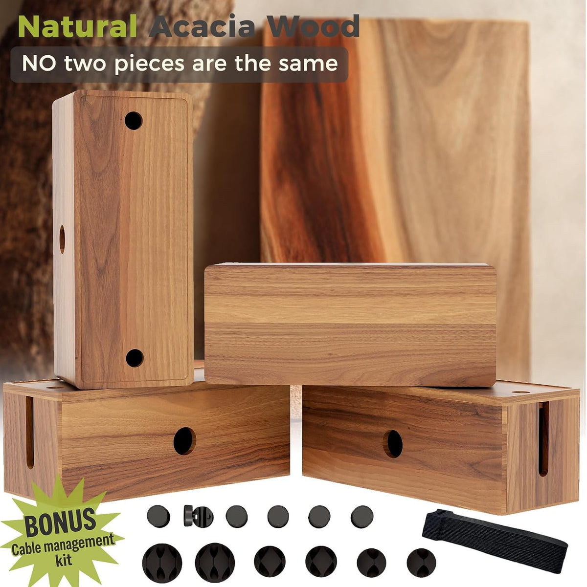 Large Cable Management Box Acacia Wood Cord Organizer Power Strip & Cables