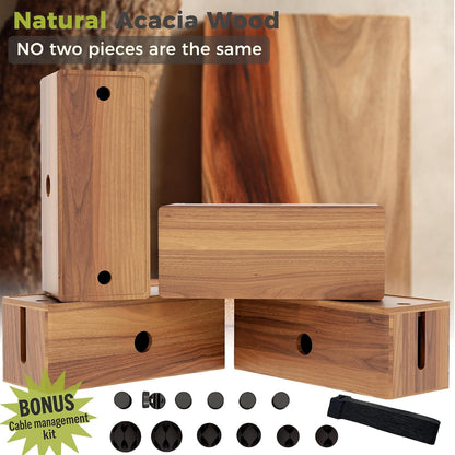 Large Cable Management Box Acacia Wood Cord Organizer Power Strip & Cables