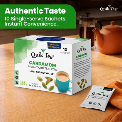 QuikTea Instant Cardamom Chai Tea Latte, 10 Single-Serve Sachets, Artisanal Indian Chai Latte Mix, Just Add Hot Water, Low Caffeine, Non-GMO, Gluten Free