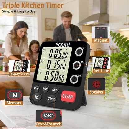 Digital Dual Kitchen Timer, 3-Channel Magnetic Countdown Timer for Cooking