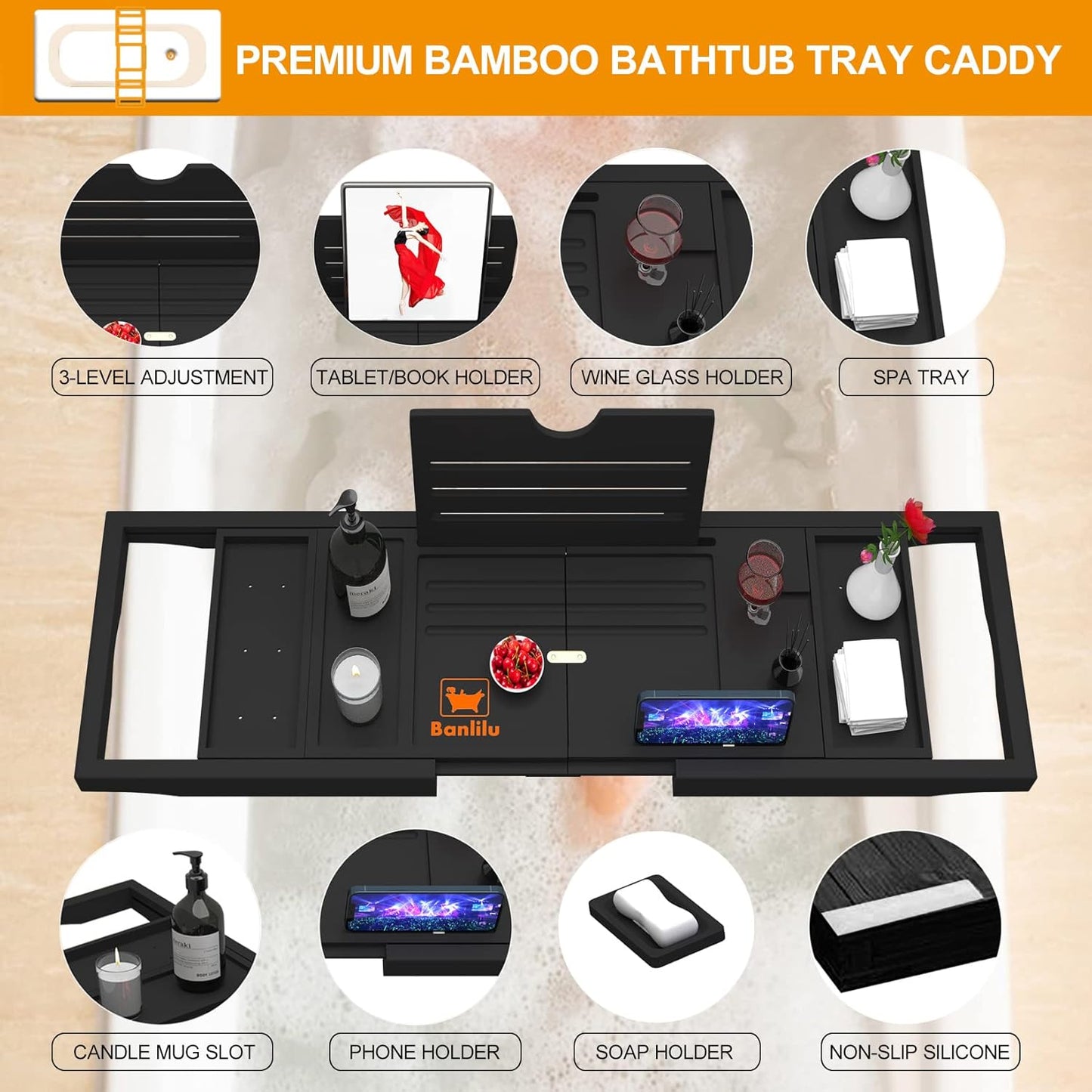 Premium Bamboo Bathtub Tray Caddy - Bath Tub Tray Table for Bathtub - Bath Caddy Tray for Bathtub, Expandable Size, Fits Most Bath Tubs