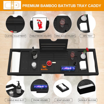 Premium Bamboo Bathtub Tray Caddy - Bath Tub Tray Table for Bathtub - Bath Caddy Tray for Bathtub, Expandable Size, Fits Most Bath Tubs