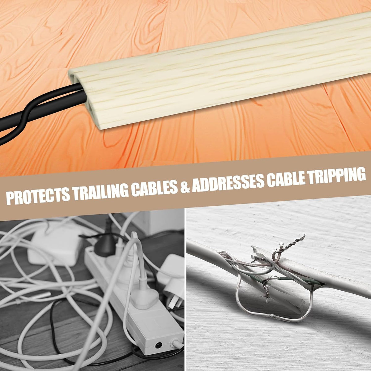 Floor Cord Cover Self Adhesive Cord Hider,10FT Cable Management, Extension Strip Protector for Wires, Prevent Cable Trips for Offices, Gyms, Exhibitions Cavity 0.39"(W) x 0.27"(H) BrownWood