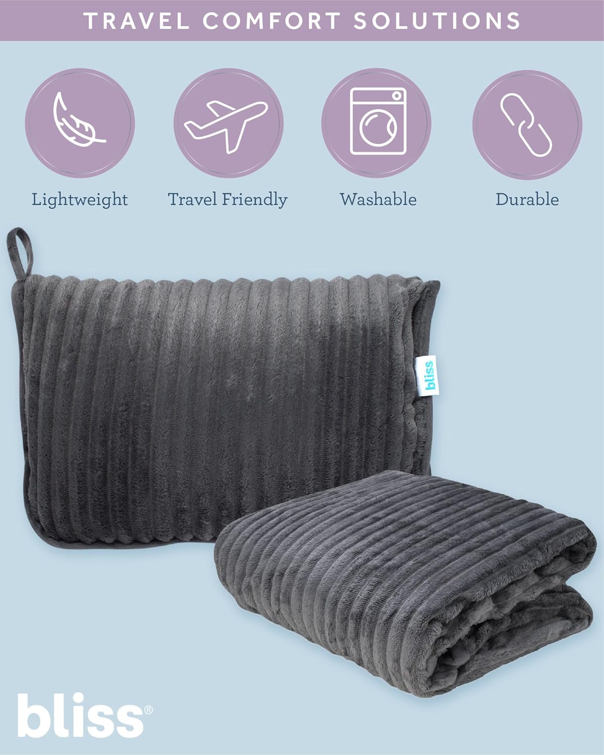 Bliss Faille Travel Pillow Blanket - 2-in-1 Lightweight Compact Airplane Camp Pillow and Blanket Set for Travelling, Size One Size, Mauve