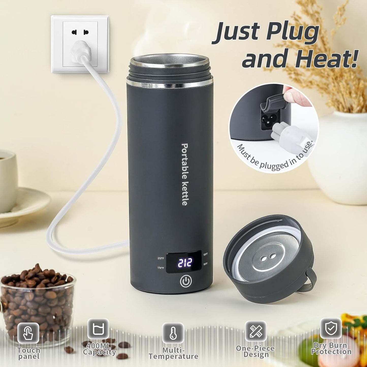Touxila Portable Electric Kettle for Travel 120V, 13.5oz, 4 Temp Settings