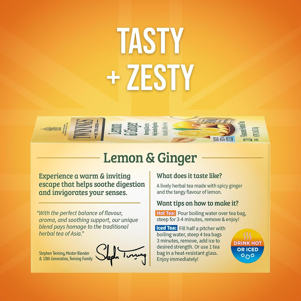 Twinings Lemon & Ginger Herbal Tea Individually Wrapped Bags, 20 Count (Pack of 6), Tangy Lemon, Spicy Ginger, Naturally Caffeine-Free, Enjoy Hot or Iced, 120 Teabags