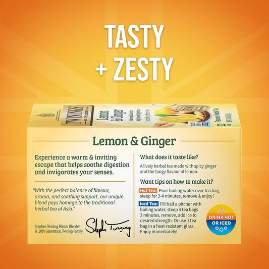 Twinings Lemon & Ginger Herbal Tea Individually Wrapped Bags, 20 Count (Pack of 6), Tangy Lemon, Spicy Ginger, Naturally Caffeine-Free, Enjoy Hot or Iced, 120 Teabags