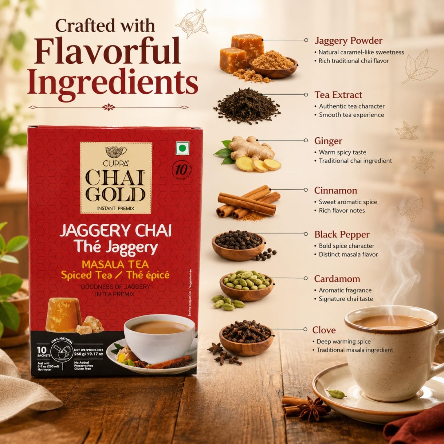 Chai Gold Instant Jaggery Chai Tea Premix Powder, Traditional Indian Milk Tea Latte Mix, Naturally Sweetened with Jaggery, Quick Preparation Hot Beverage, Low Caffeine, 10 count pack