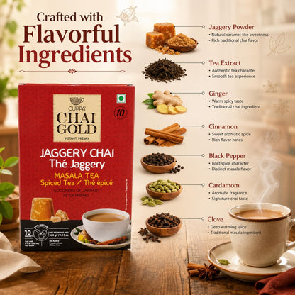 Chai Gold Instant Jaggery Chai Tea Premix Powder, Traditional Indian Milk Tea Latte Mix, Naturally Sweetened with Jaggery, Quick Preparation Hot Beverage, Low Caffeine, 10 count pack