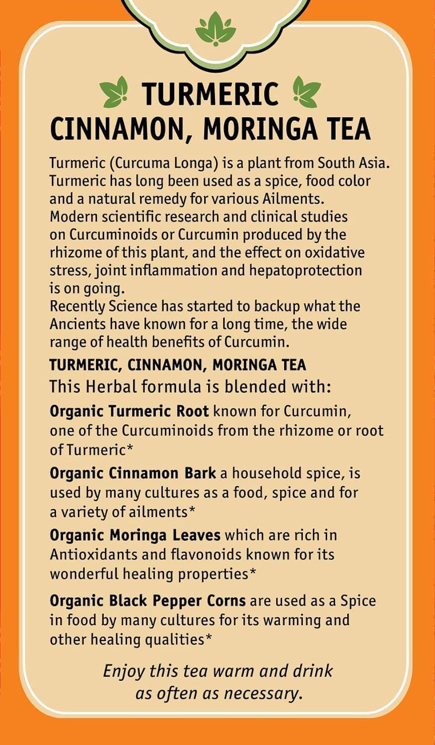Herbal Cup Ayurveda Turmeric Tea, Organic Cinnamon Moringa, No Caffeine Herbal Supplement (16 Count, Pack of 3)