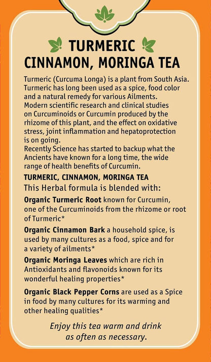 Herbal Cup Ayurveda Turmeric Tea, Organic Cinnamon Moringa, No Caffeine Herbal Supplement (16 Count, Pack of 3)