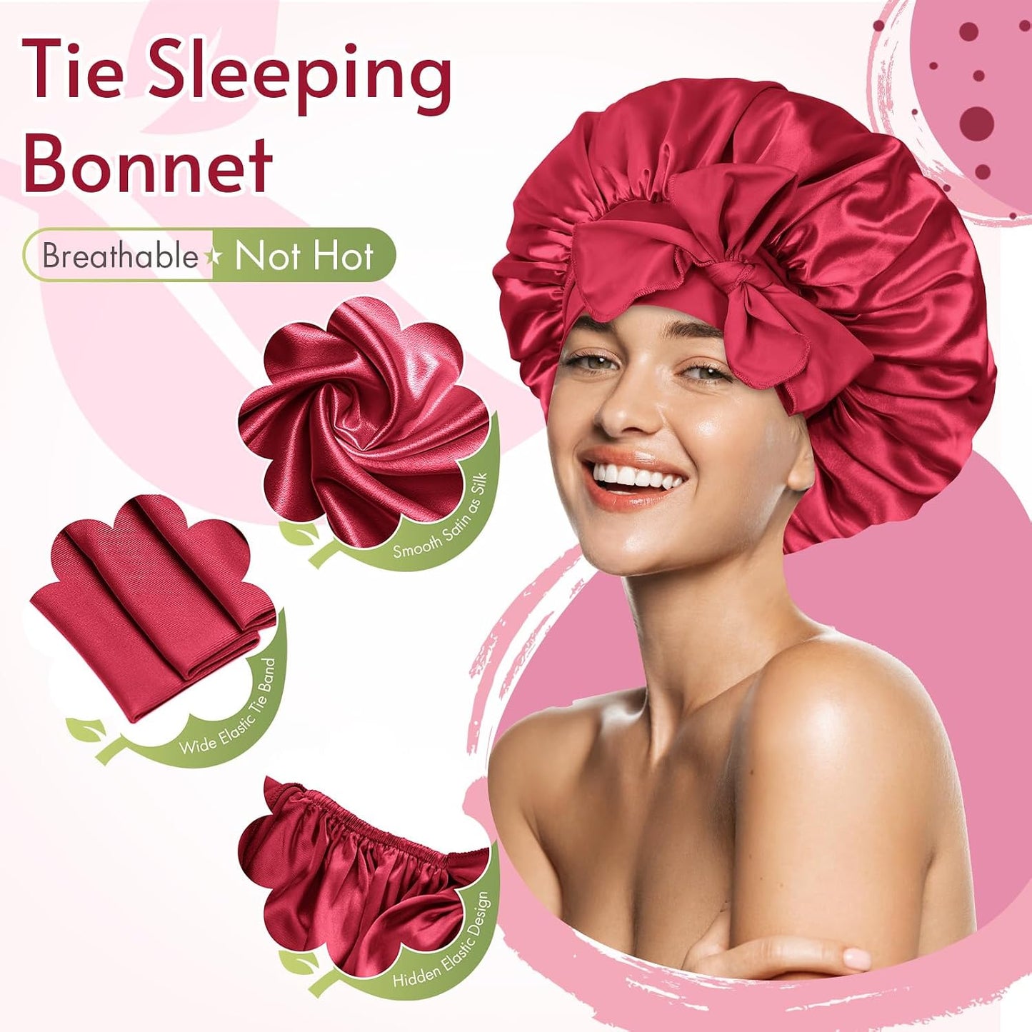 BONNET QUEEN Silk Bonnet for Sleeping for Women Satin Bonnet Night Cap for Curly Hair with Tie Band, Single Layer, Cream Pink