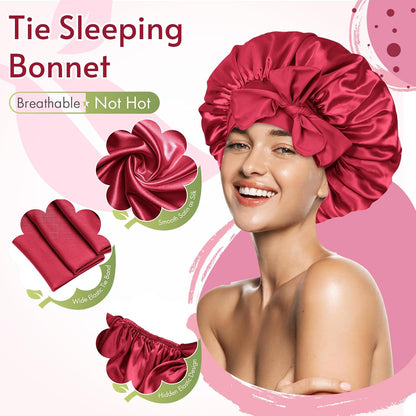 BONNET QUEEN Silk Bonnet for Sleeping for Women Satin Bonnet Night Cap for Curly Hair with Tie Band, Single Layer, Cream Pink