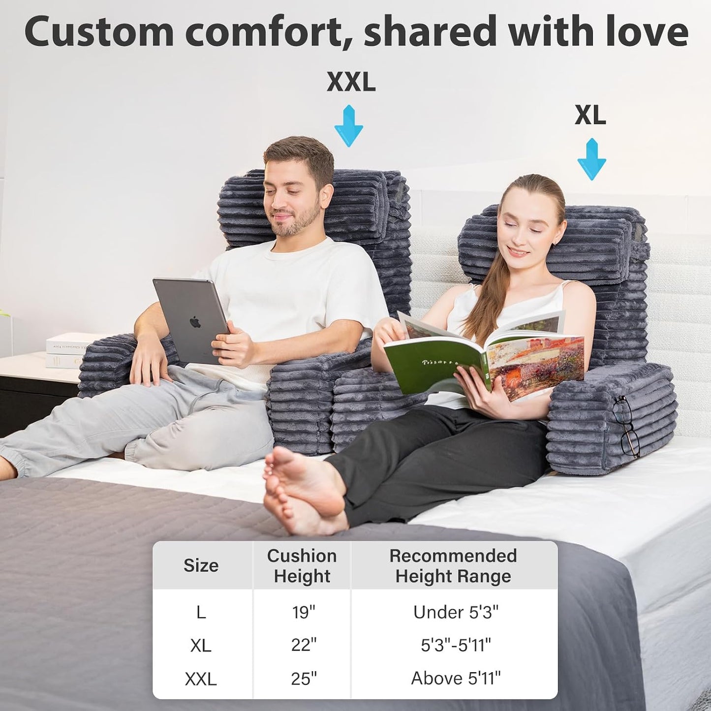 ENITYA 22" XL Back Pillow for Bed Sitting Up, Reading Pillow with Armrests & Big Pockets, Soft Back Support Chair, Ideal for Watching TV, Gaming, Nursing, Resting, Post Surgery, Dark Grey
