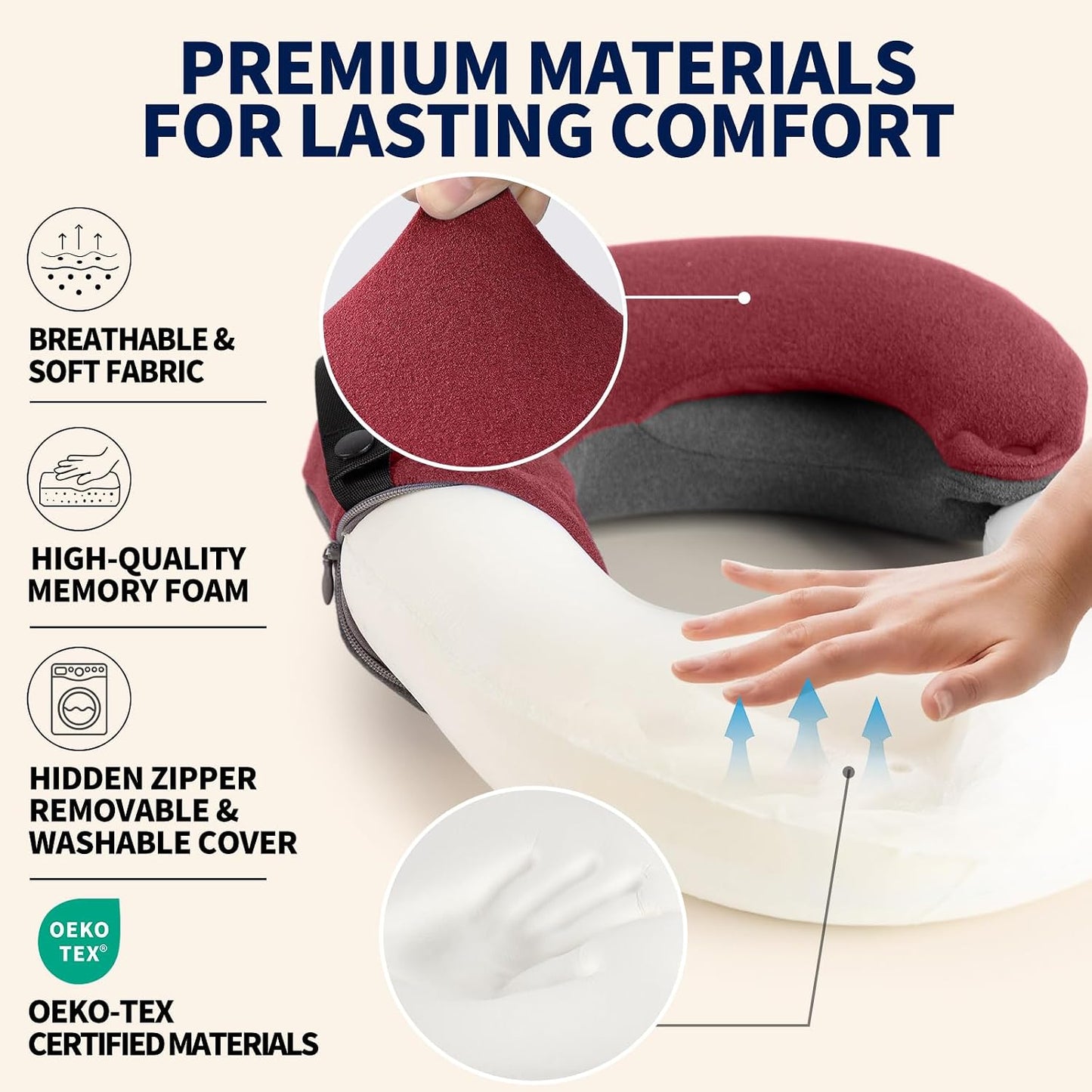 BUYUE Travel Neck Pillows for Airplanes, Memory Foam 360° Head Support Sleep for Long Flight, Skin-Friendly & Breathable, Kit with Eye Mask, Earplugs and Storage Bag (Adult, Grey, 90+ lbs)