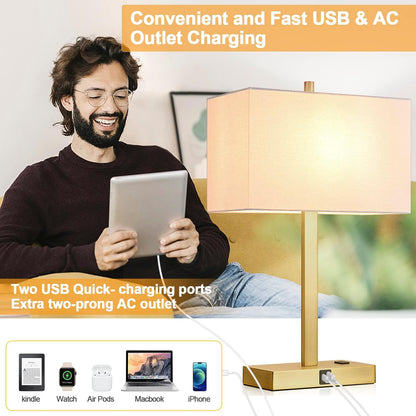 21" Touch Bedside lamps with 2 USB & AC Outlets, 3-Way Dimmable Bedside Table Lamps Set of 2 for Bedroom Living Room Office Reading, Gray Shade Lamps for Night Stands, 5000K LED Bulbs Included