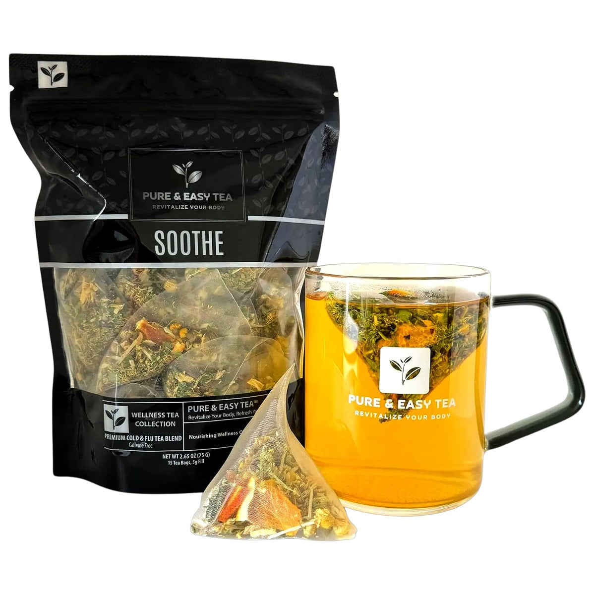Pure And Easy Tea, Soothe Cold & Sore Throat Relief Tea, Whole-Leaf Herbal Blend with Echinacea, Eucalyptus & Ginger, 15 Large Plant-Based Pyramid Tea Bags (75g)