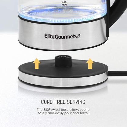 Elite Gourmet EKT5051 1.7L Electric Water Kettle, BPA-Free, Fast Boil, Auto Shut-Off, Boil-dry Protection, 360° Swivel Base with Cordless Serving, Clear-view Window with Water Level Markings, Black