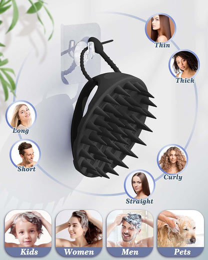 Manmihealth Large Hair Scalp Scrubber, One-piece Silicone Scalp Massager for Wet Dry, Long Bristles Shampoo Brush for Dandruff Removal and Hair Growth with Free Strap&Hook.(Style 2 Black)