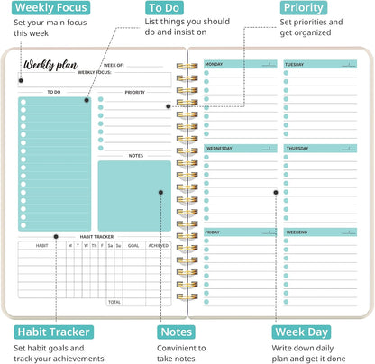 Taja Undated Weekly Planner, Weekly To Do List Notebook with Goal & Habit Tracker Organizer, A5 Weekly Planner Notebook with Spiral Binding, 6.1" x 8.2" - Green