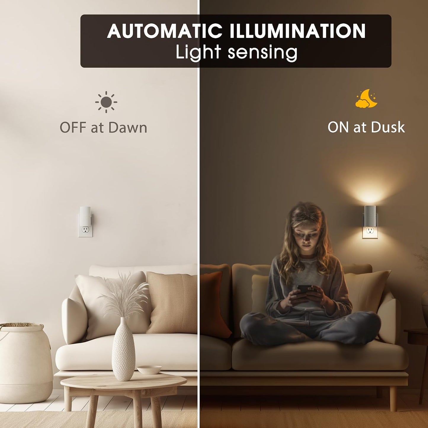 Briignite Night Lights Plug into Wall, Modern LED Night Light Plug in, Dusk to Dawn Sensor,Amber Night Light 0-100LM Adjustable Brightness, Dimmable NightLight for Hallway, Bedroom, Stairway, 2 Pack