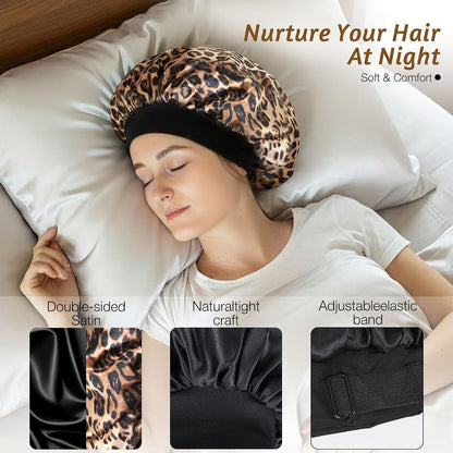 Silk Bonnet for Sleeping Double Layer Satin Bonnet Adjustable Bonnets for Black Women Sleep Cap Reversible Hair Bonnet for Curly Hair (Black and Purple)