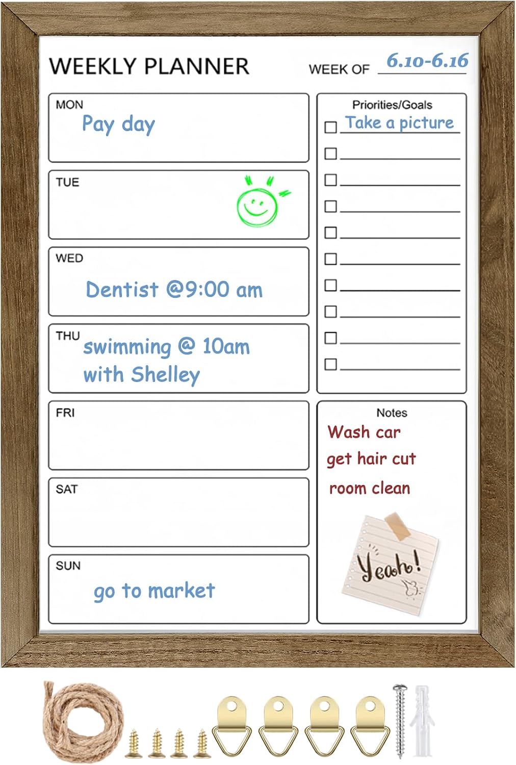 Dry Erase White Board Weekly Calendar Board, Magnetic Whiteboard for Wall,10.6“x14.7 Solid Wood Rustic Brown Framed Message Board, Planner Board for Office, Home, Schooll(Weekly-BB-RB-2737)