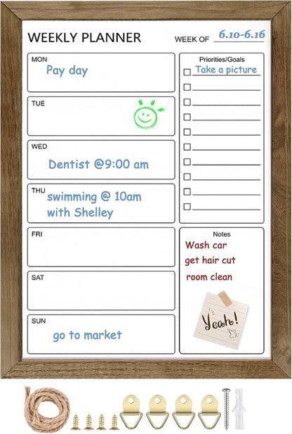 Dry Erase White Board Weekly Calendar Board, Magnetic Whiteboard for Wall,10.6“x14.7 Solid Wood Rustic Brown Framed Message Board, Planner Board for Office, Home, Schooll(Weekly-BB-RB-2737)