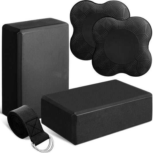 RoundFunny 5 Pcs Yoga Blocks Knee Pads Strap Set Foam Pilates