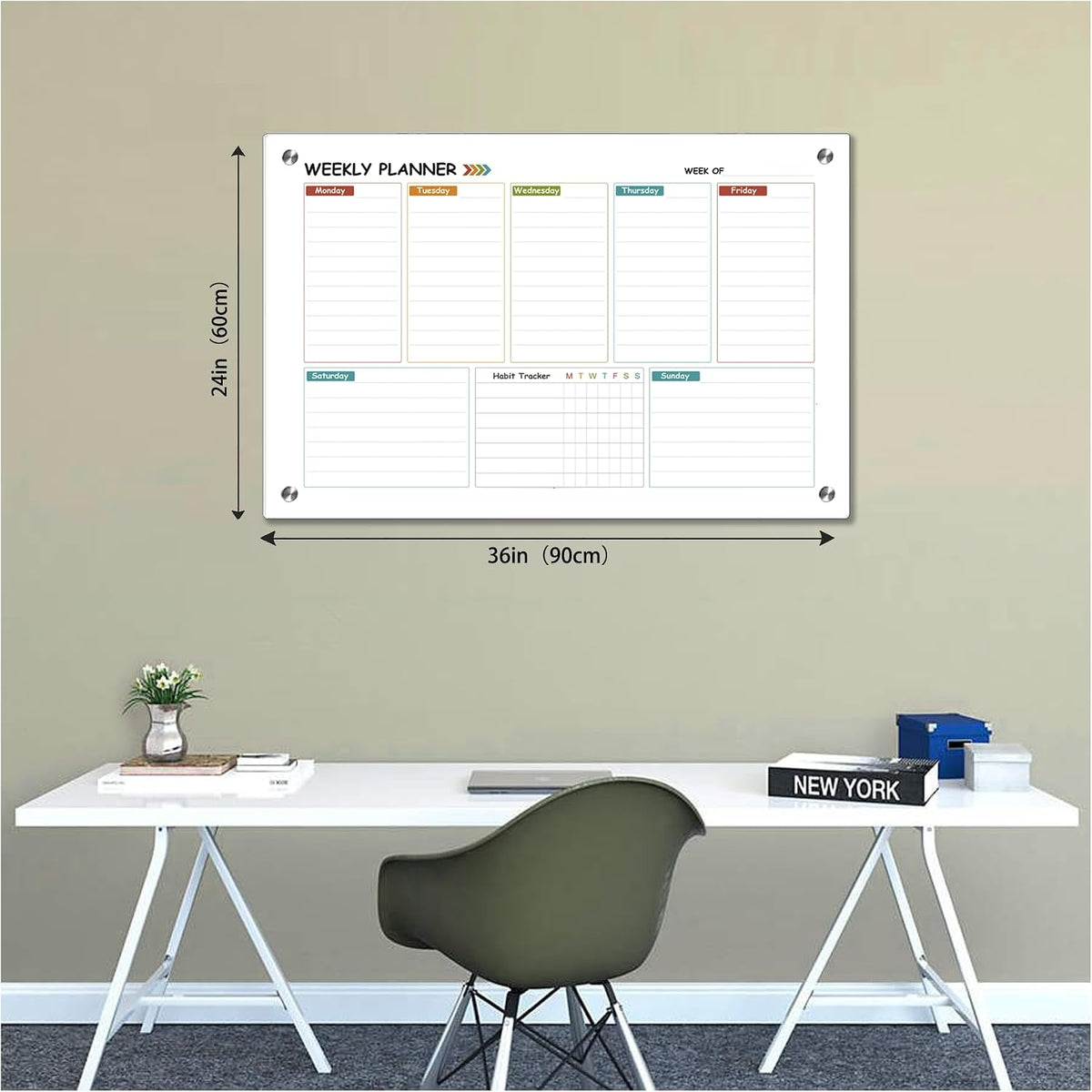 Glass Colorful Weekly Dry Erase Board for Wall,Weekly Planner Whiteboard for Wall 24"x18",Frameless Mounting,Medium Weekly Wall Calendar Dry Erase for Office/School/Home