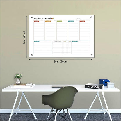 Glass Colorful Weekly Dry Erase Board for Wall,Weekly Planner Whiteboard for Wall 24"x18",Frameless Mounting,Medium Weekly Wall Calendar Dry Erase for Office/School/Home