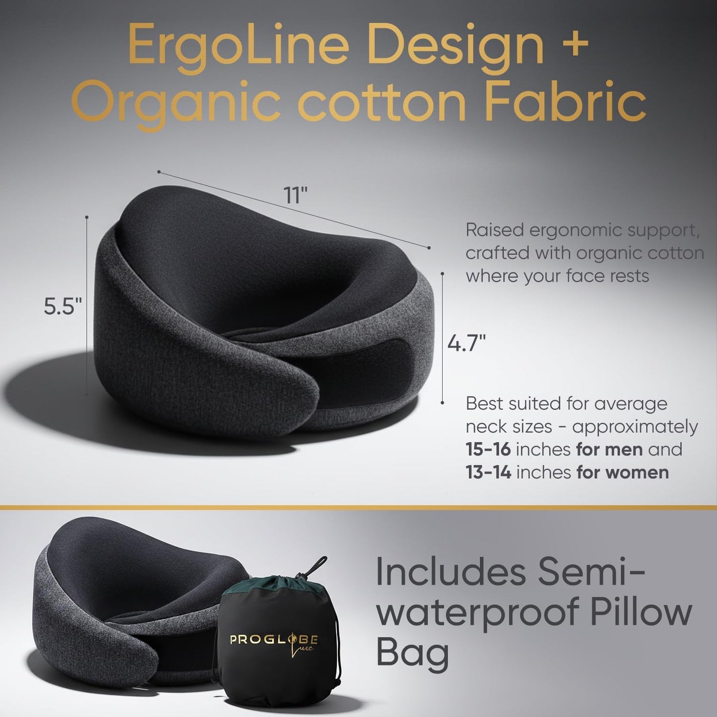 Proglobe Travel Neck Pillow for Airplanes, Long Haul Flight Kit, Grey