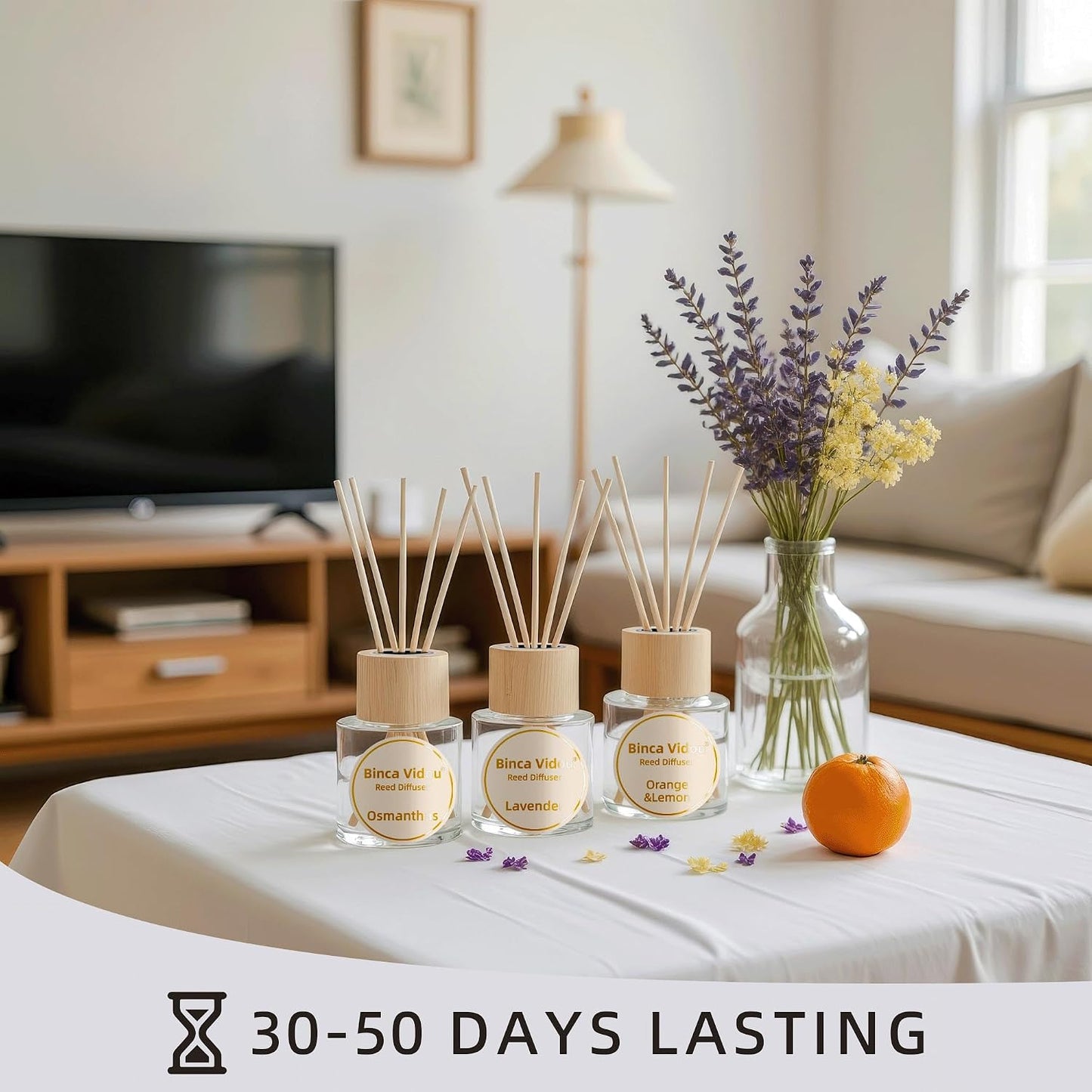 Reed Diffuser Set, Binca Vidou Lavender & Vanilla Natural Scent Oil Diffusers with Sticks for Home Office Bathroom Aromatherapy Decor 1.69oz x 2