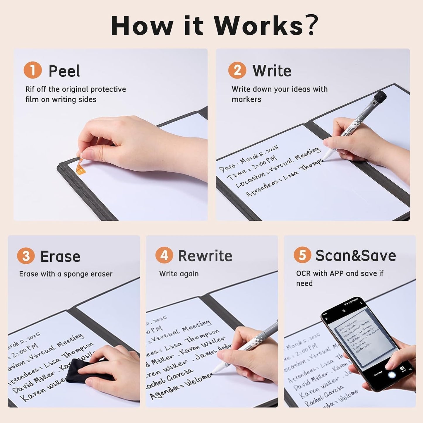 CoBak 6 Sides Portable White Board 12x9 inch (A4) - Notebook Design Dry Erase Small Board with Pocket and 3 Markers, Anti-Ghosting Surface for Office, School, Homeschool with Gift Box (Brown)