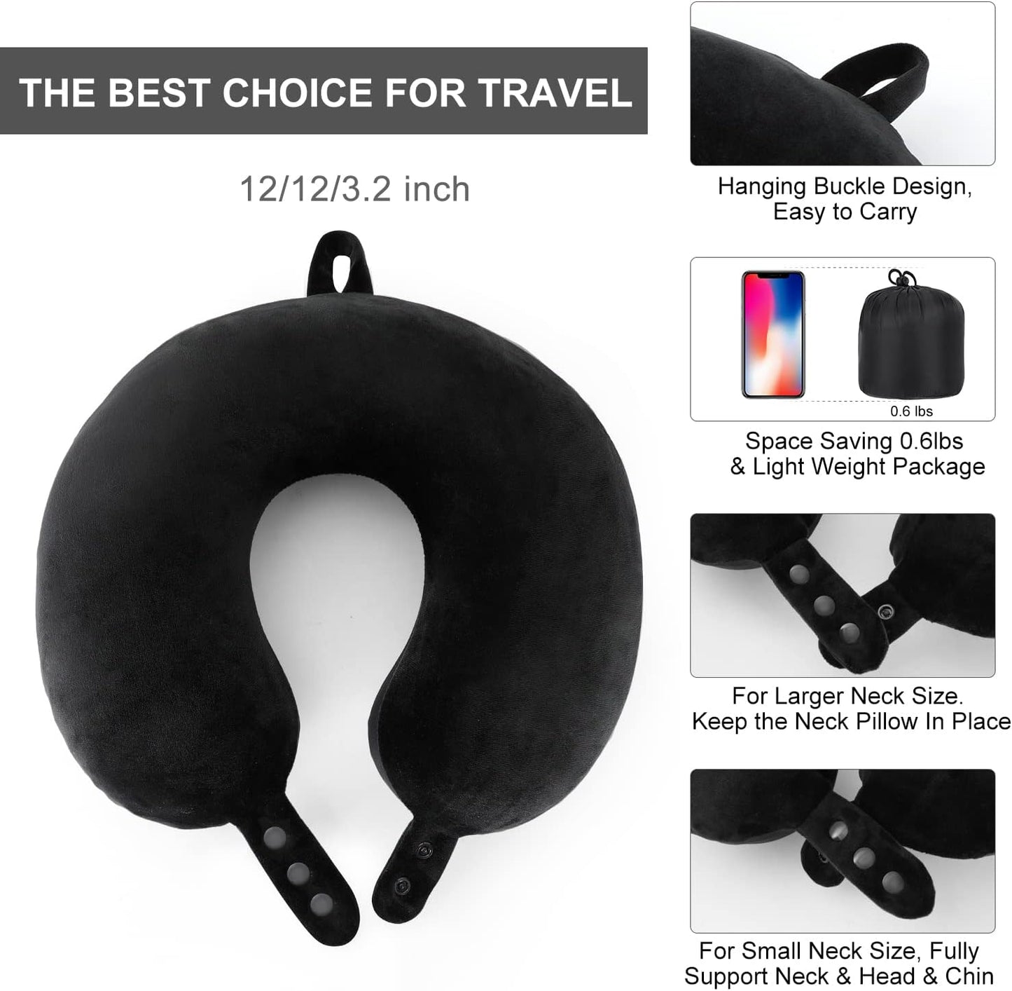 TALLGO Travel Pillow, Best Memory Foam Neck Pillow Head Support Soft Pillow for Sleeping Rest, Airplane Car & Home Use (Black)