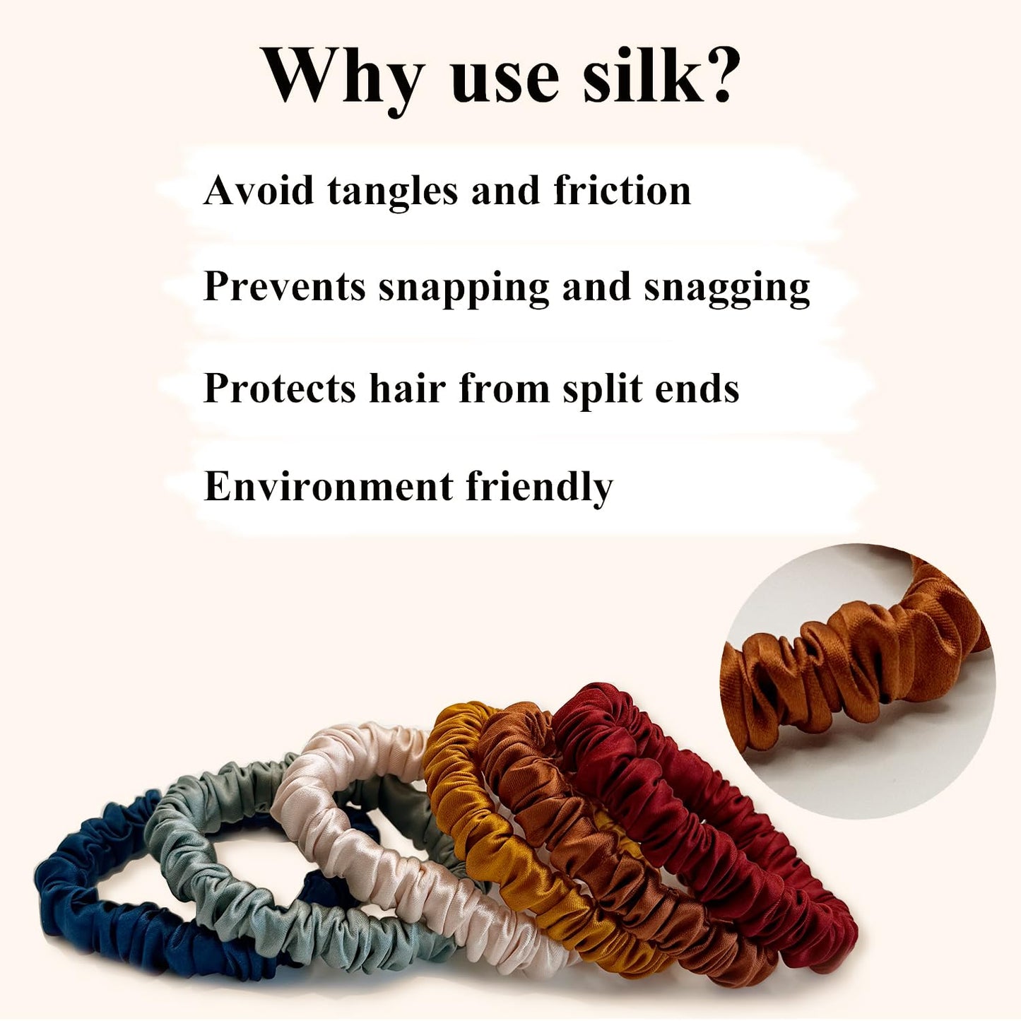 VLOMOT 6 Pcs Set 100% Pure Mulberry Silk Hair Scrunchies - 6 Chic Colors Everyday Skinny Scrunchies Silk Ponytail Holders - No Damage (Purple)
