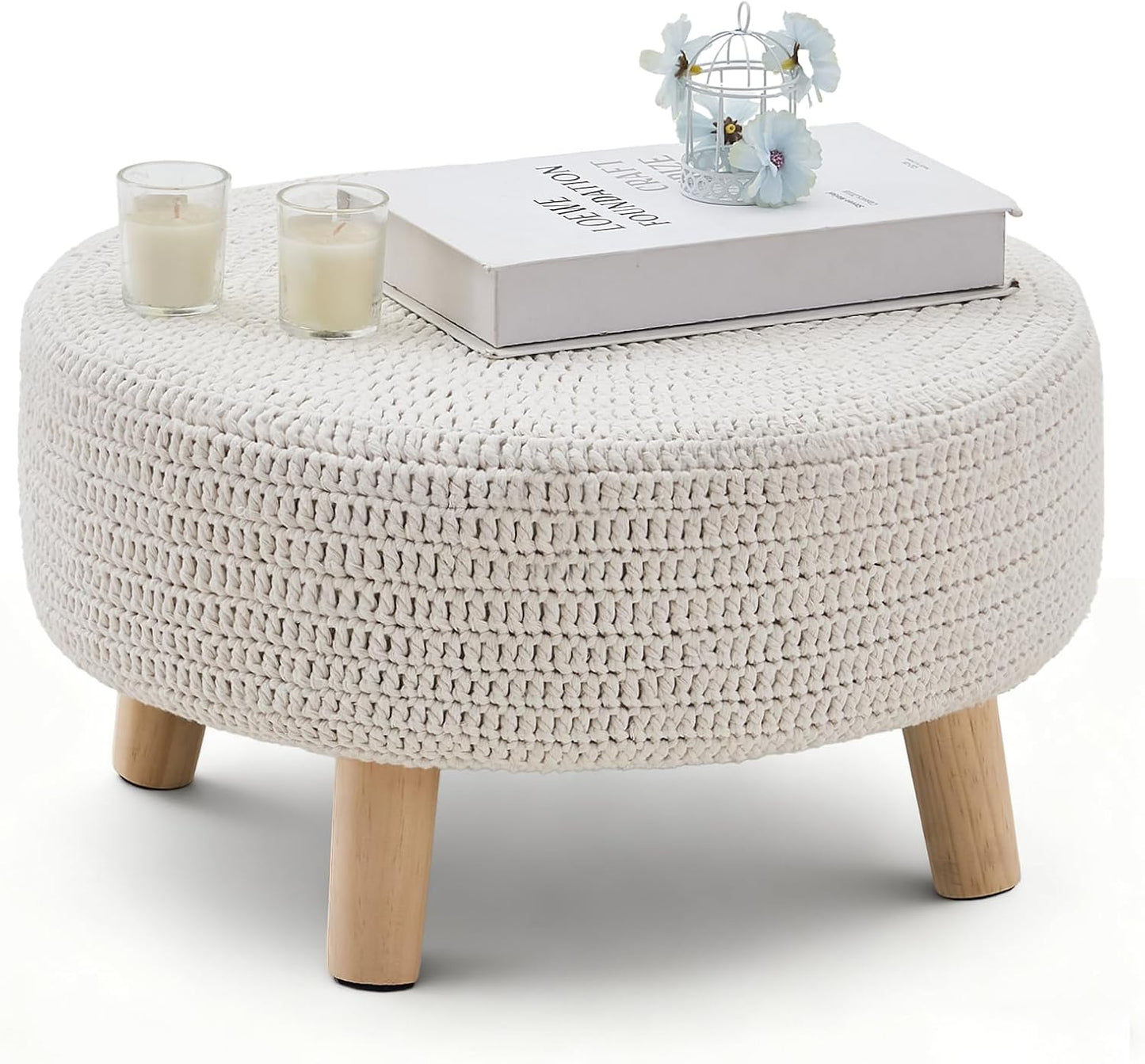 Wimarsbon Pouf Ottoman, 100% Cotton Knitted Boho Footstool, Round Footrest with Non-Skid Wood Legs, Home Décor Handmade Pouffe, Leisure Floor Step Stool for Living Room (Beige)
