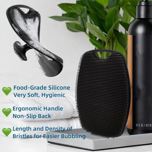 2 Pack Silicone Body Scrubber, Highly Elastic Bristles Handheld Brush for Shower, Lather Well and Gentle Exfoliating, Makes Skin Smooth, for Women and Men, Black and Gray
