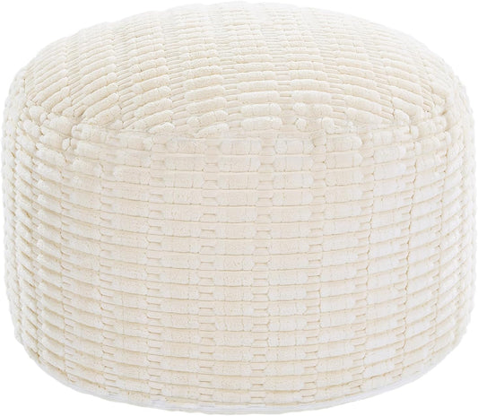 HOMBYS Unstuffed Ottoman Pouf Cover,Round Faux Fur Foot Stool, Fuzzy Chair, Floor Bean Bag(No Filler),Foot Rest with Storage for Living Room, Bedroom, Office, Striped Tufted (Beige)