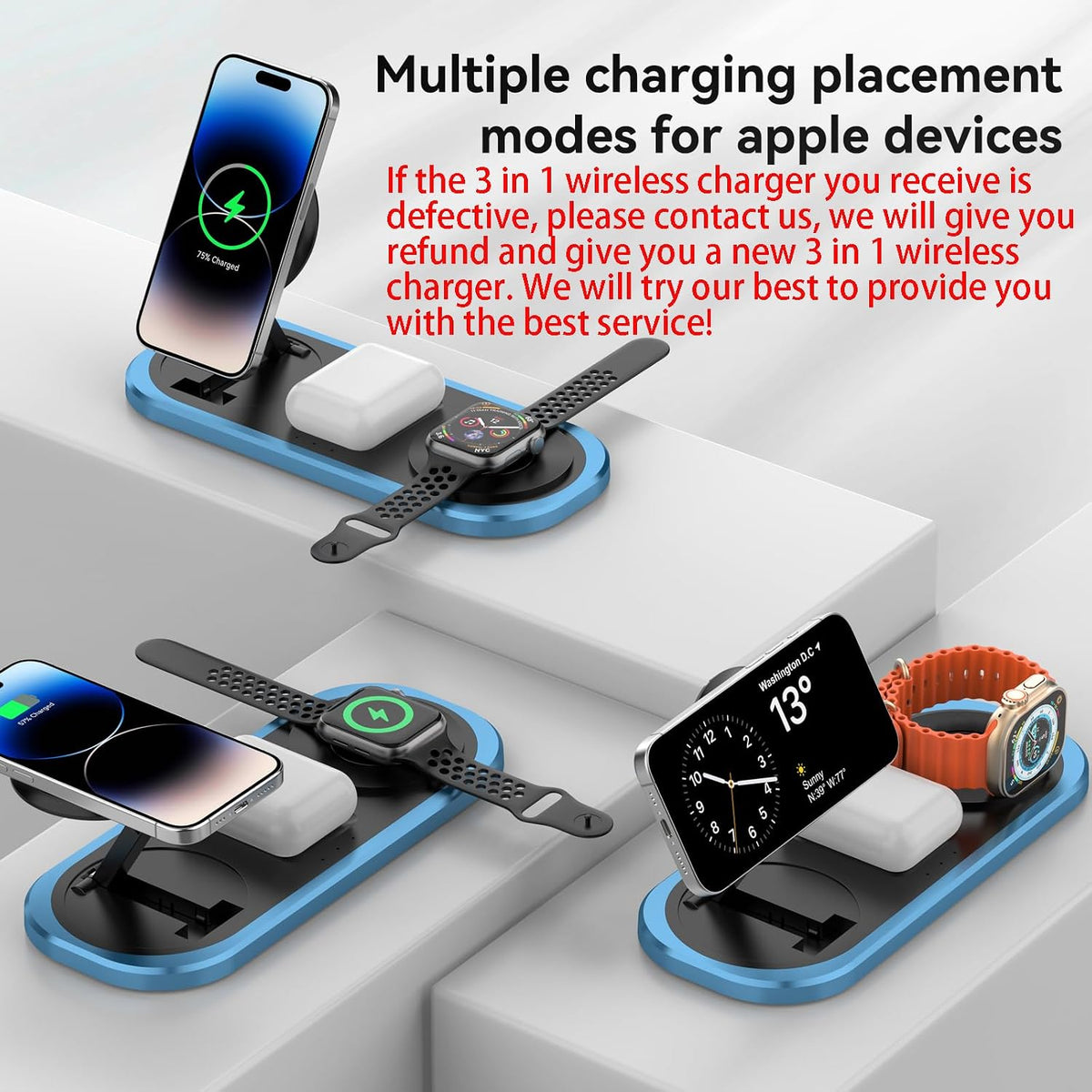 3 in 1 Fast Wireless Charger Stand for iPhone, Foldable Travel Charging Station for Magsafe for iPhone 17/Air/16/15/14/13/12 Series, Apple Watch Series, AirPods pro/2/3/4, Gifts for Women Men (Golden)