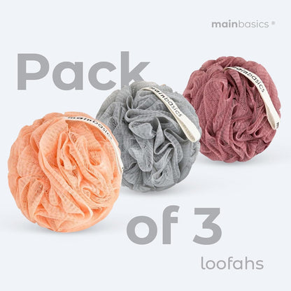 MainBasics Bath Shower Loofah Sponge Pouf Body Scrubber Exfoliator Body Wash Sponge (Set of 3, Airy Blossom)