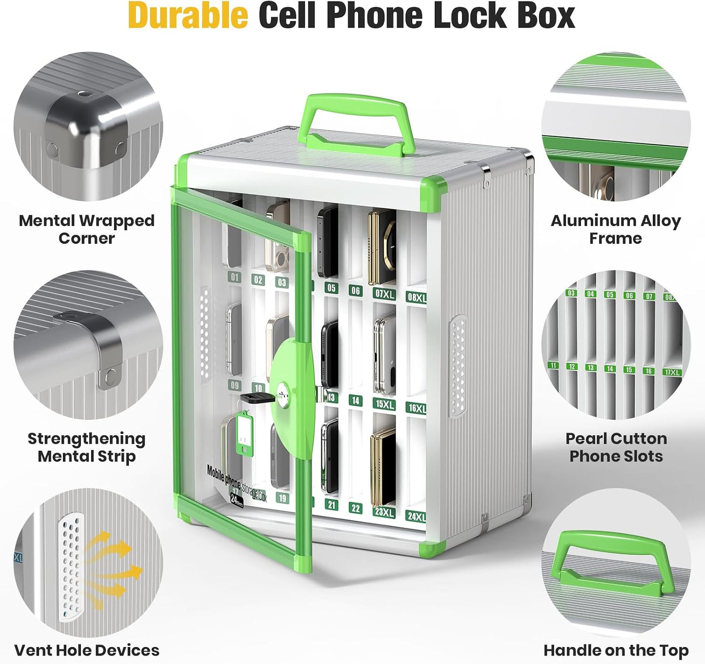 Glosen 24 Slots Cell Phone Locker, Portable Phone Storage Cabinet [Wall Mounted] [Aluminum Alloy] Cellphone Lock Box with Key & Handle for School Classroom Office Exam (Black)